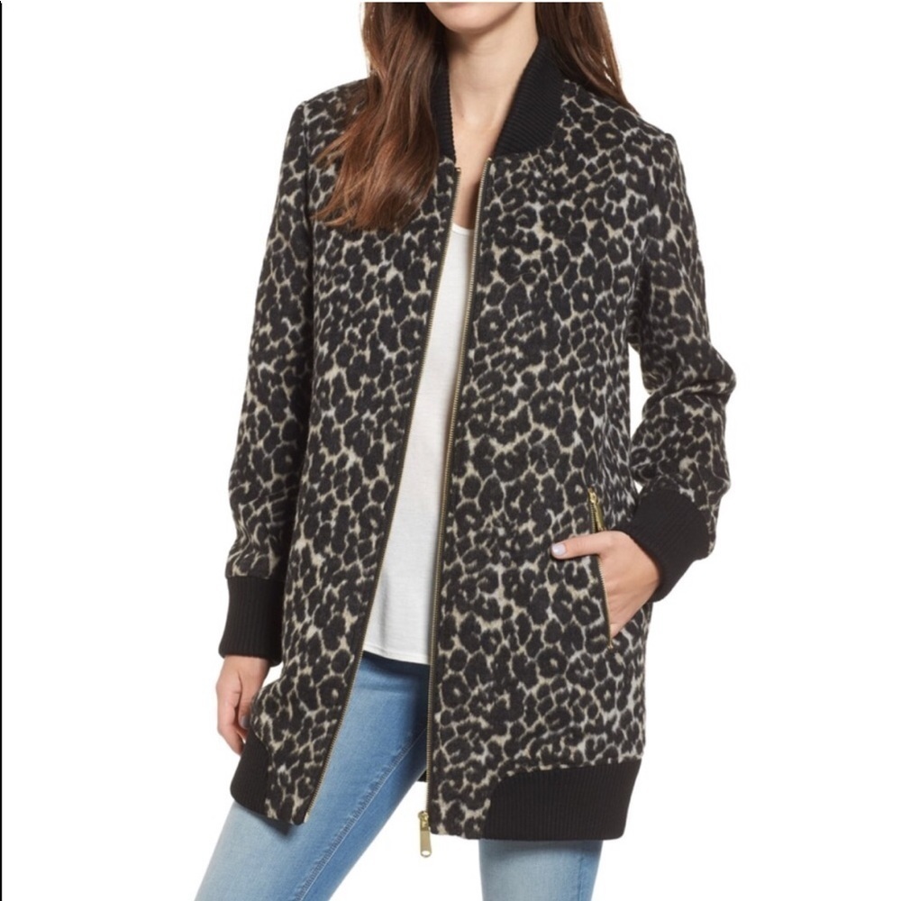 Sam Edelman Leopard Elongated Wool Blend Bomber Jacket